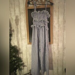 Tee Ink Womens Blue Stripe Smocked Cotton Jumpsuit Tie Shoulder  Size S